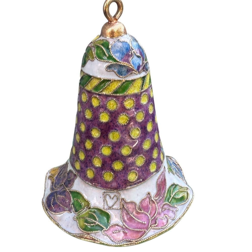 Vintage Cloisonne Enamel Floral Polka Dot Bell Purple Gold Heart Motif 4"
